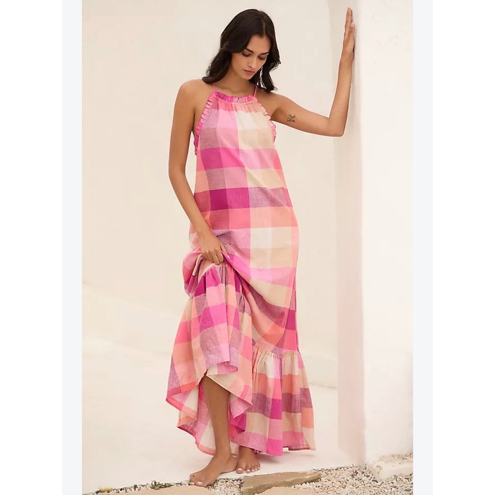 Anthropologie Pink Orange Plaid Halter Maxi Dress Ruffle Hem Open Back Small